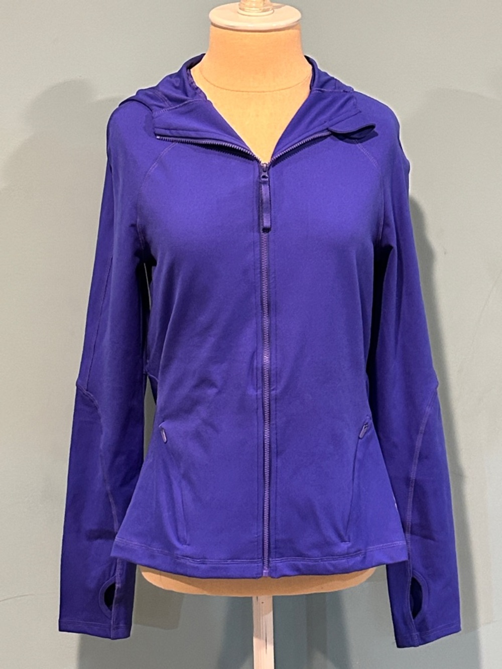 Spyder Fitted Full Zip Up Hoodie Jacket size Small Blue Thumbholes Yoga Hiking